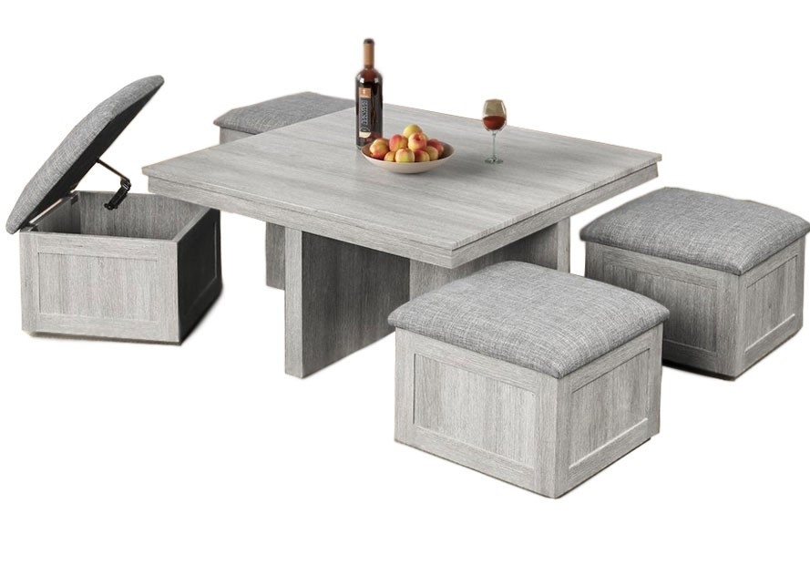 Storage Coffee Table Set with Whitewashed Stool Finish