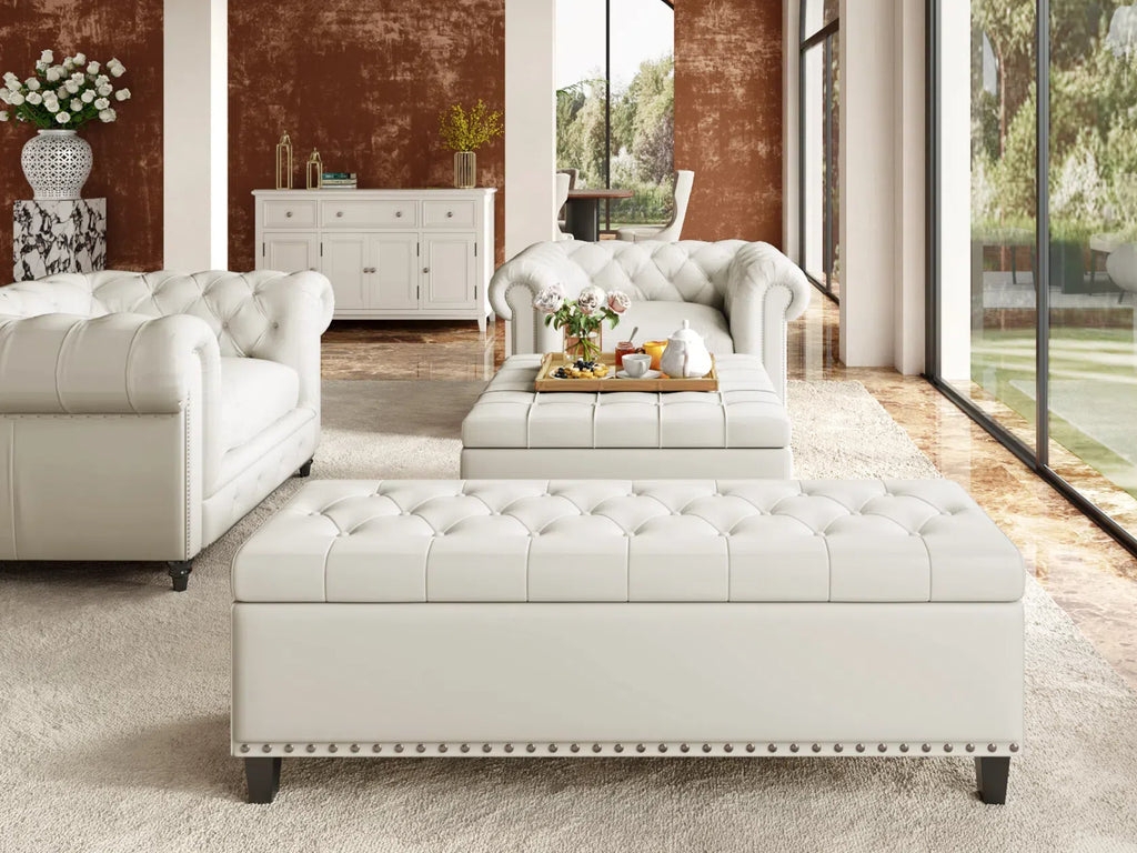 Storage Ottoman Bench with Creamy White Tufting and Nailhead Trim