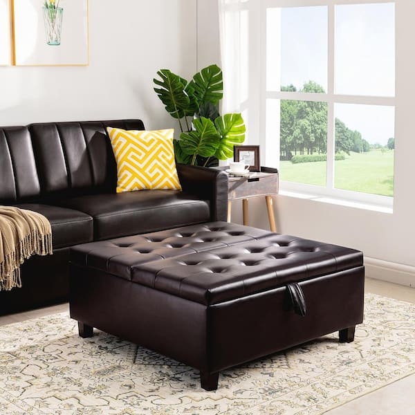 Storage Ottoman with Button Tufting and Espresso Lift Top