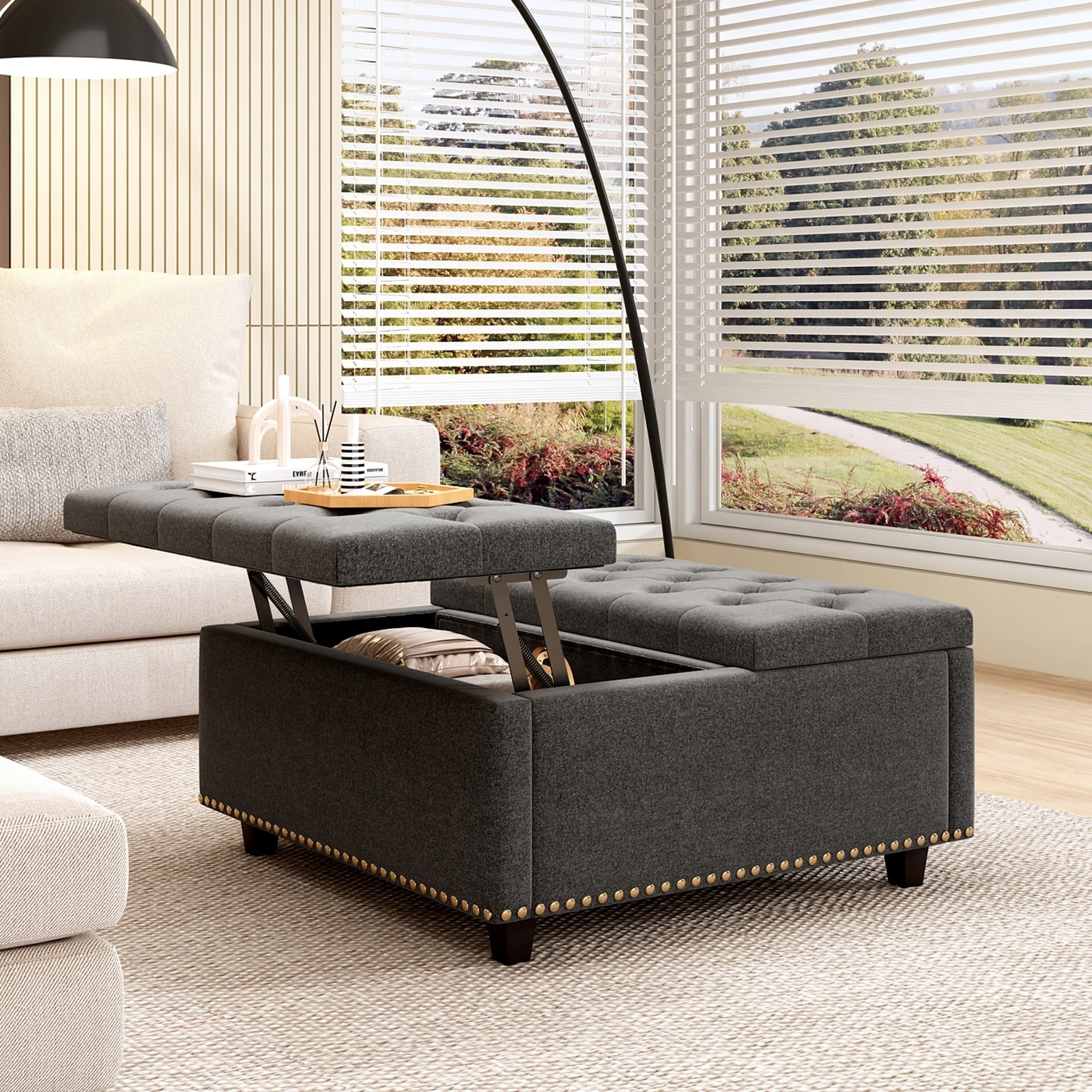 Storage Ottoman with Lift Top Mechanism and Charcoal Upholstery