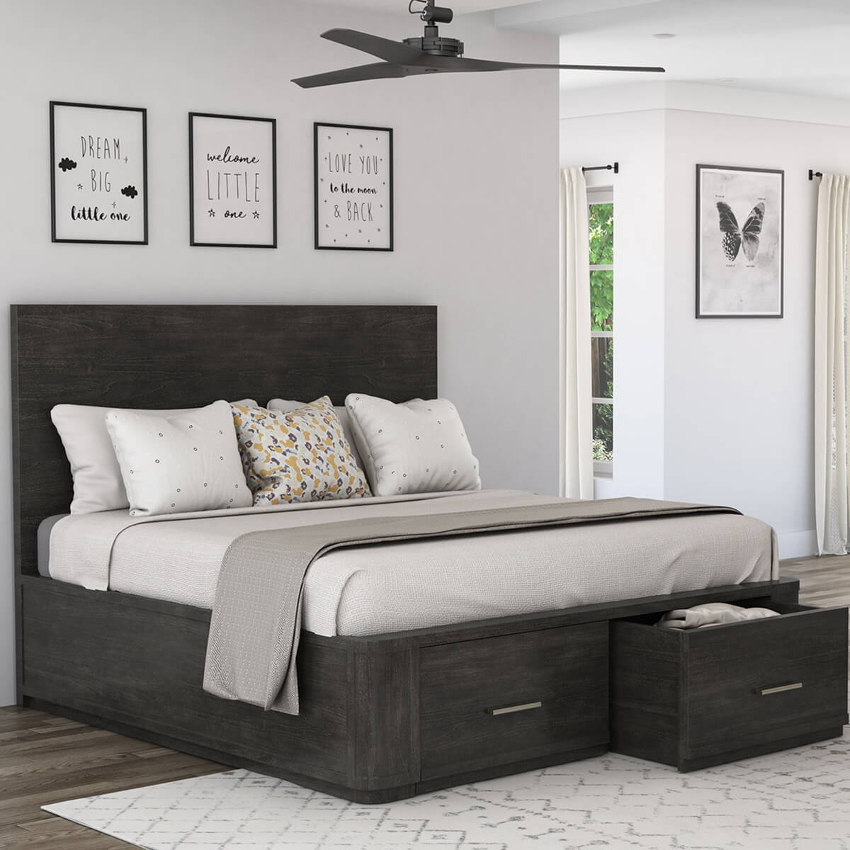 Storage Platform Bed Charcoal Wood Grain Drawers