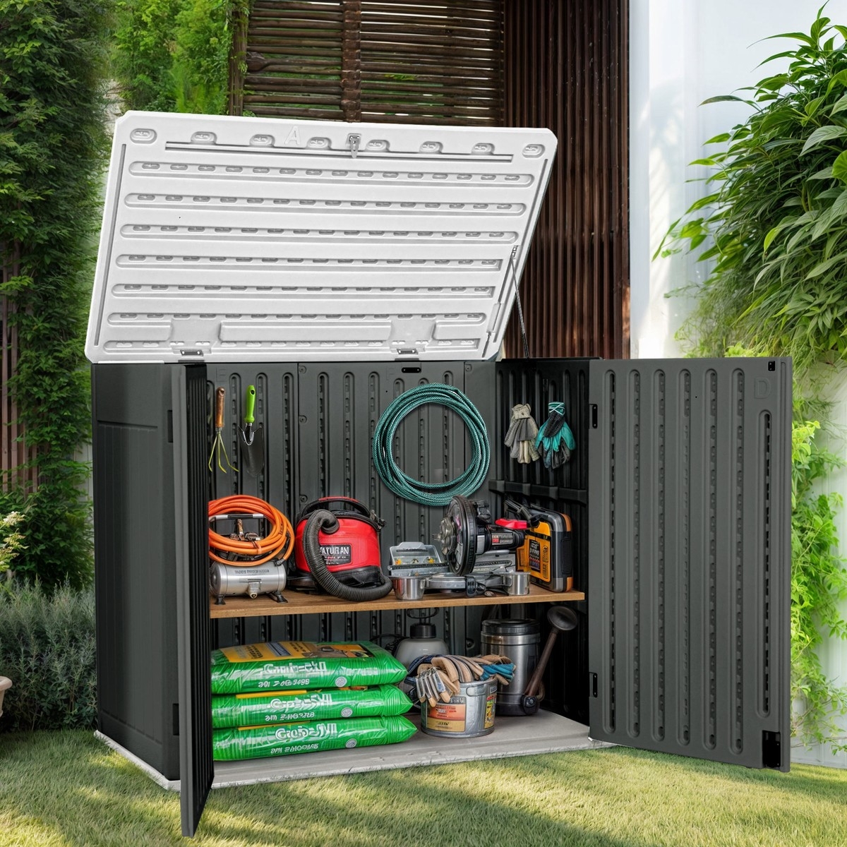 Storage Shed: Matte Black Vertical Slat Garden Tool Shed