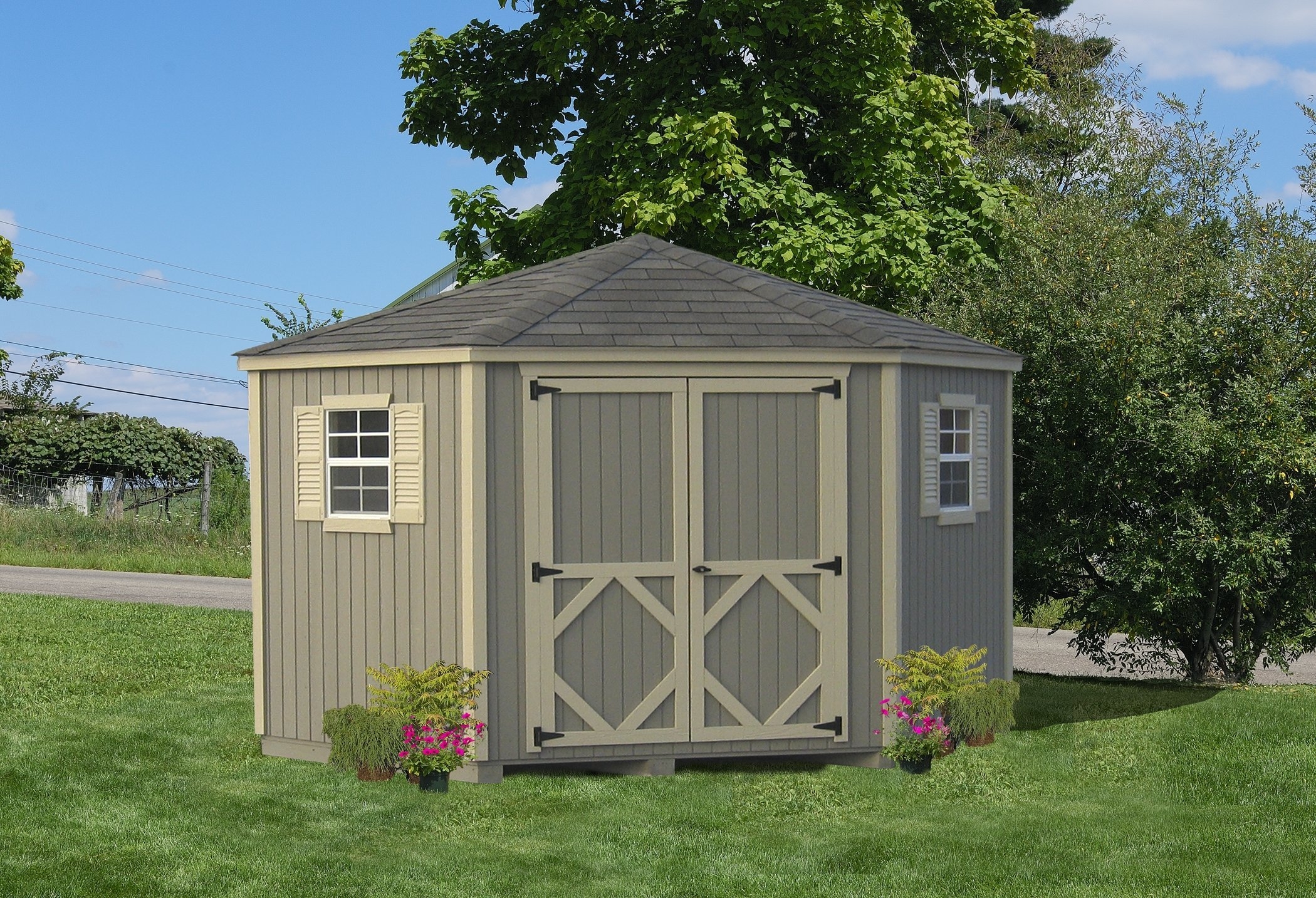 Storage Shed with cross-buck doors and traditional tan trim