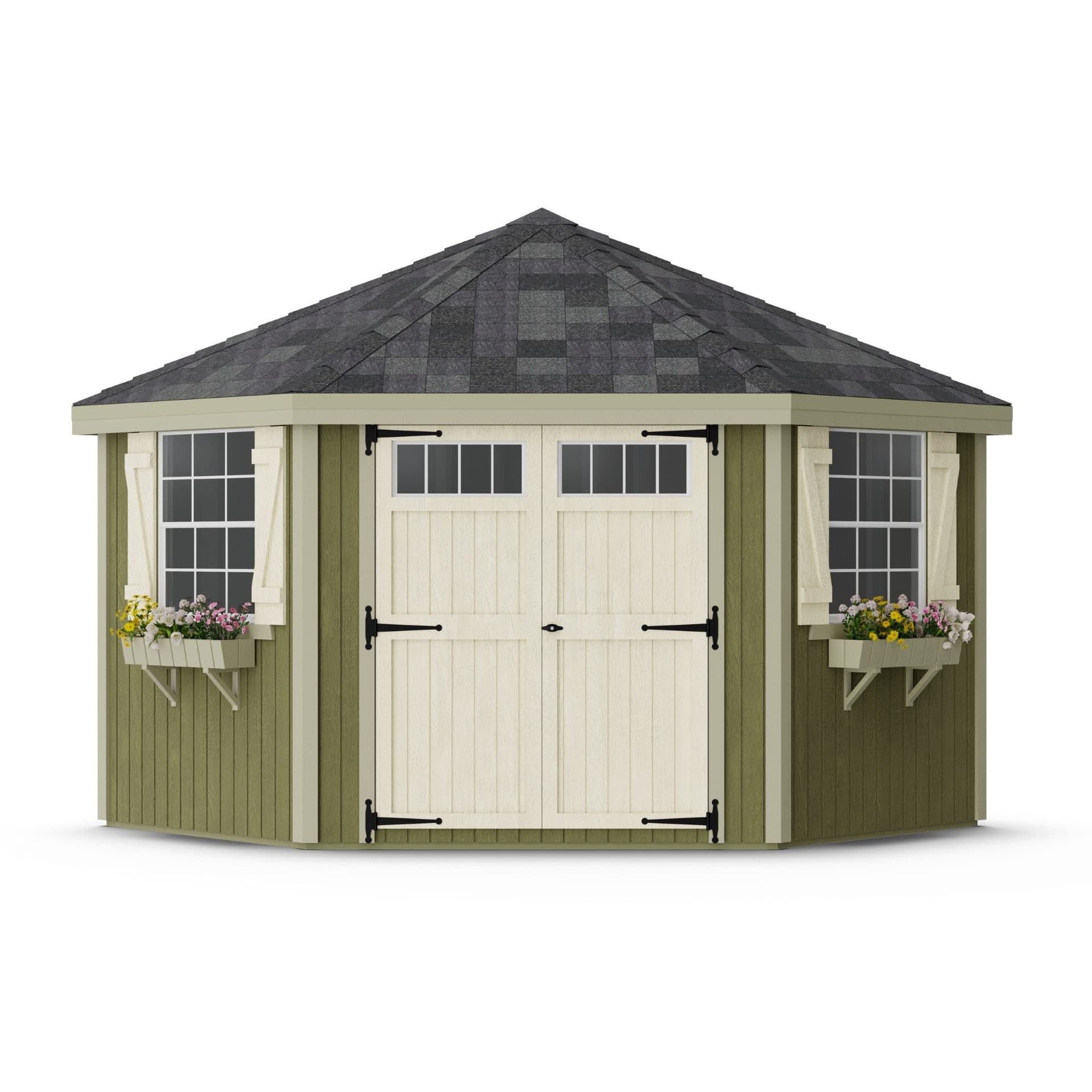 Storage Shed with flower boxes and five corner layout