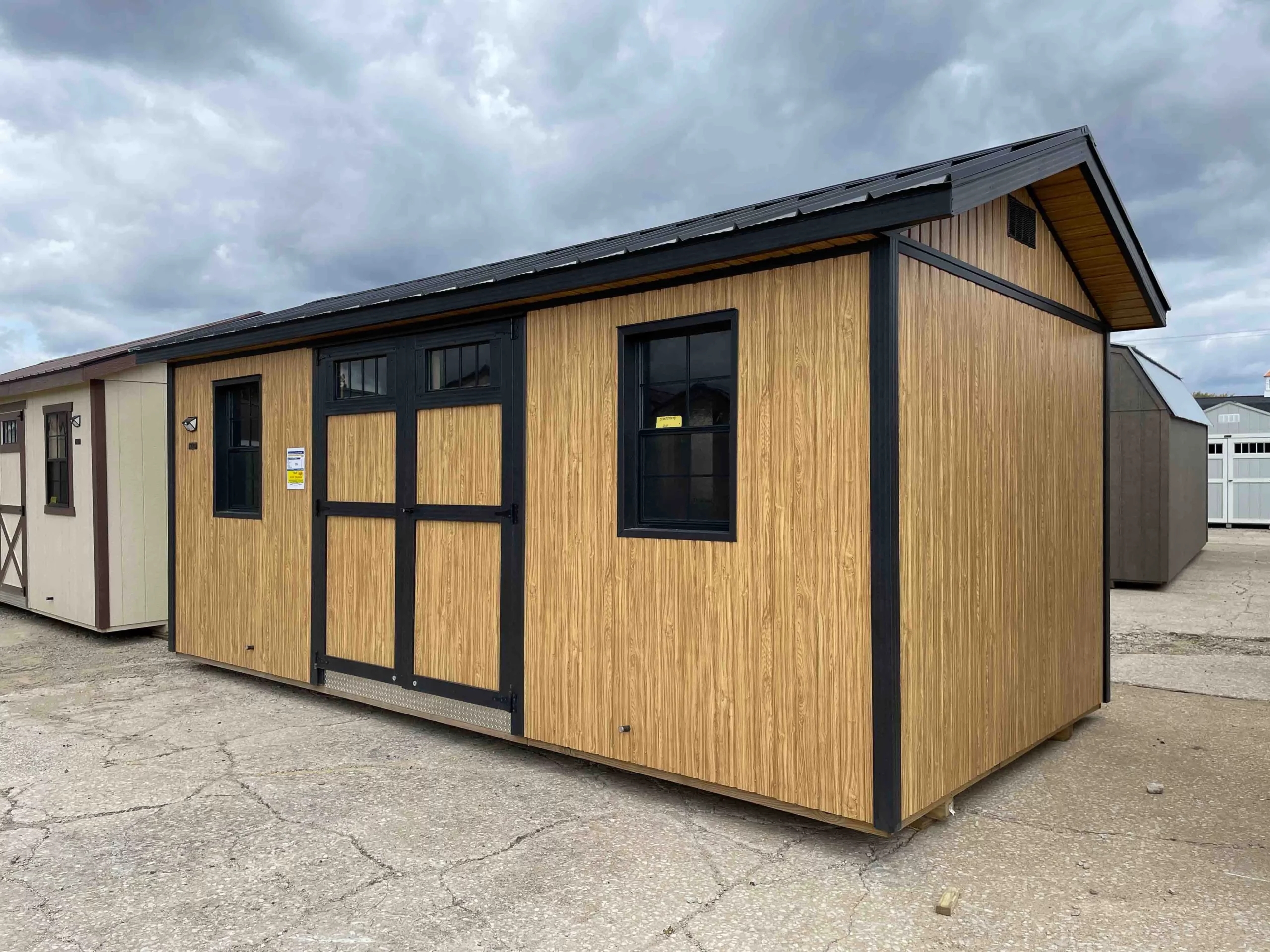 Storage Shed: Wood Toned Vertical Siding Modern Designer Shed