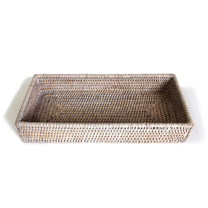 Storage Tray Whitewashed Rattan Low Profile Radiating Weave