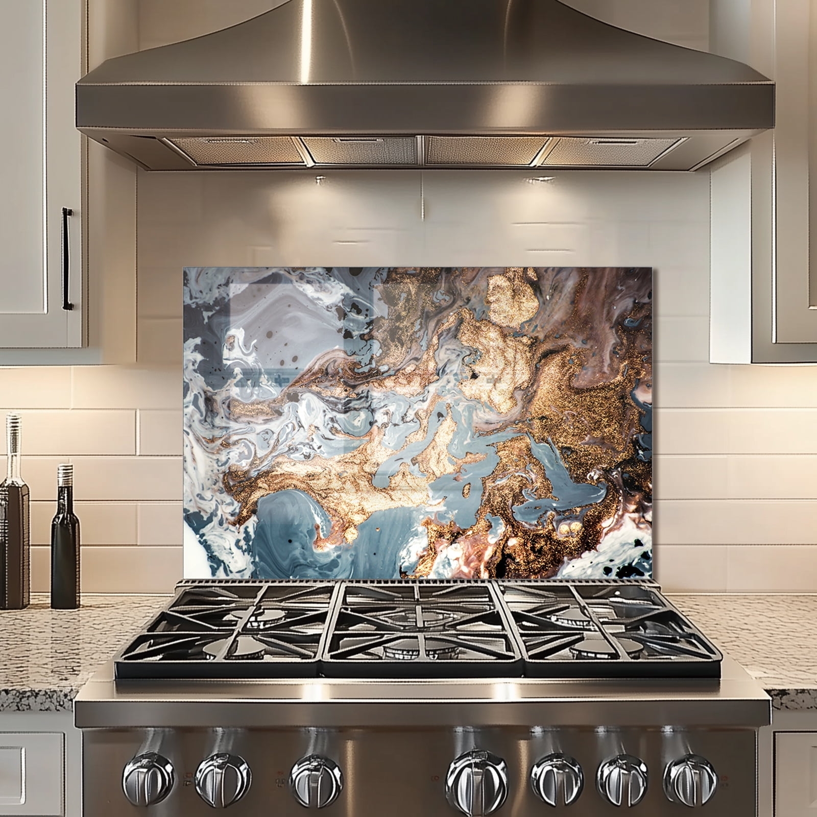 Stove Backsplash Fluid Marble Print Gold Marble Glass Shield