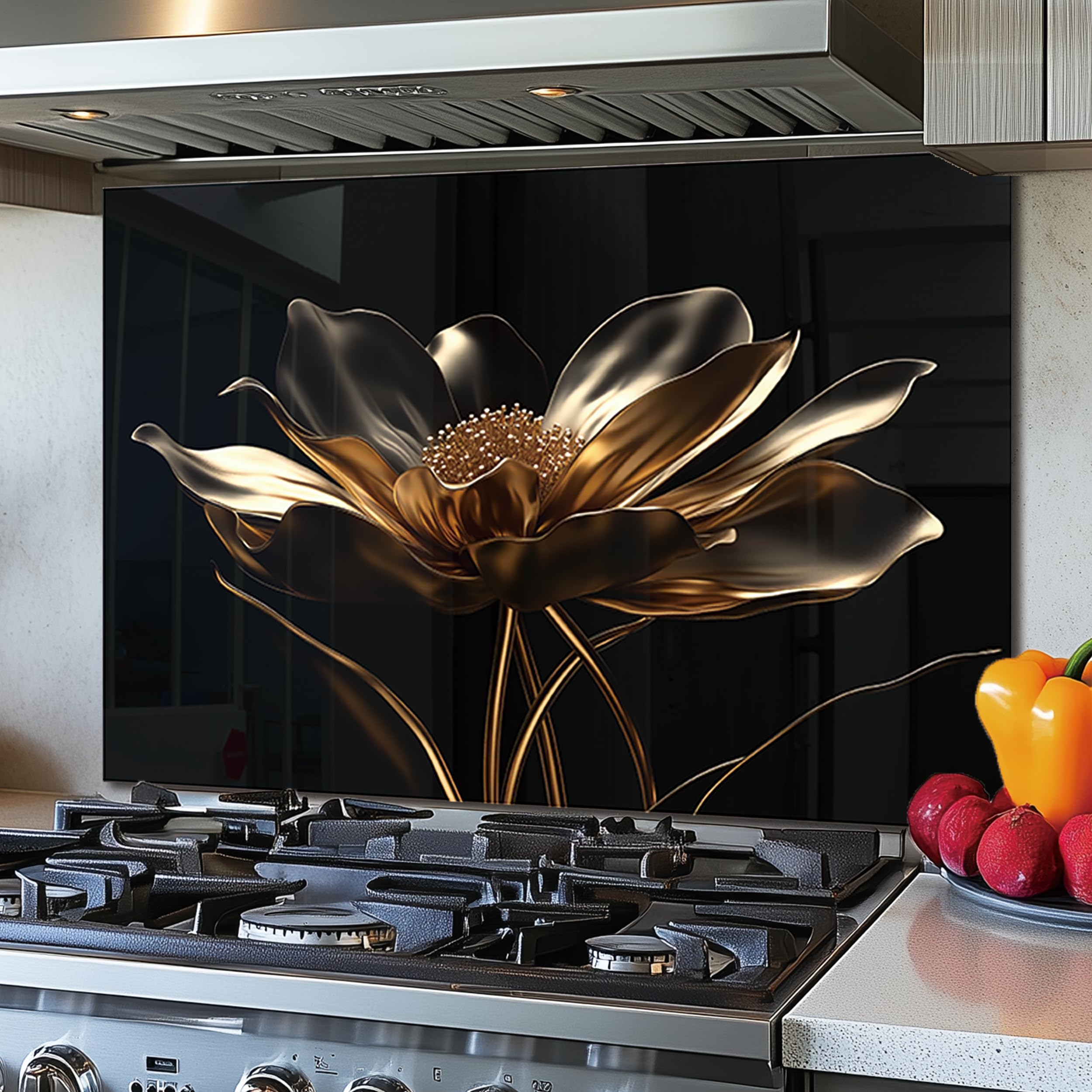 Stove Backsplash Golden Lotus Graphic on Black Glass Panel Art