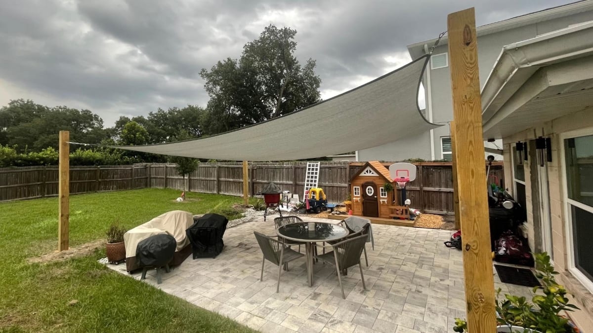 Sun Shade Sail Large Grey Paver Patio Base DIY Idea