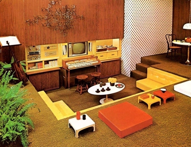 Sunken Living Room Featuring Conversation Pit and Polka Dot Walls