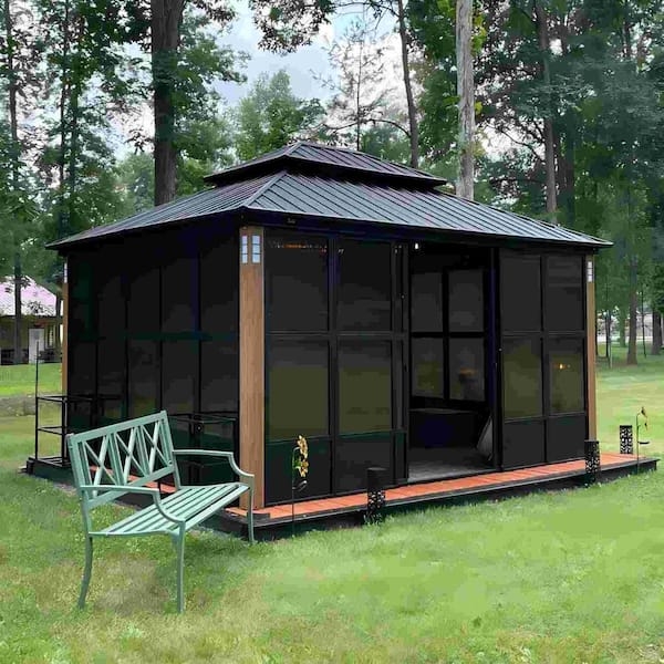 Sunroom Gazebo Espresso Wood Look Accents Double Roof Solarium