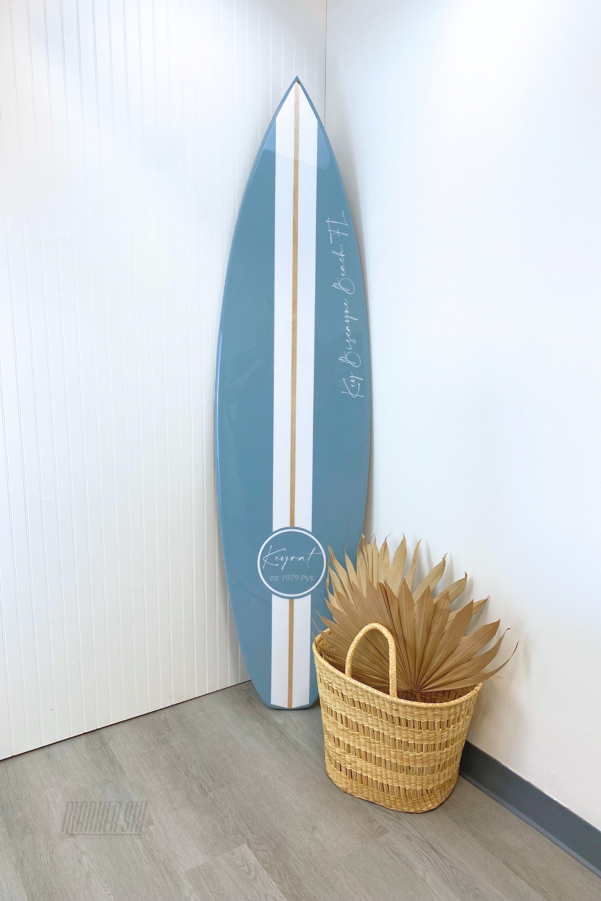 Surfboard Wall Art Dusty Blue Finish Script Typography