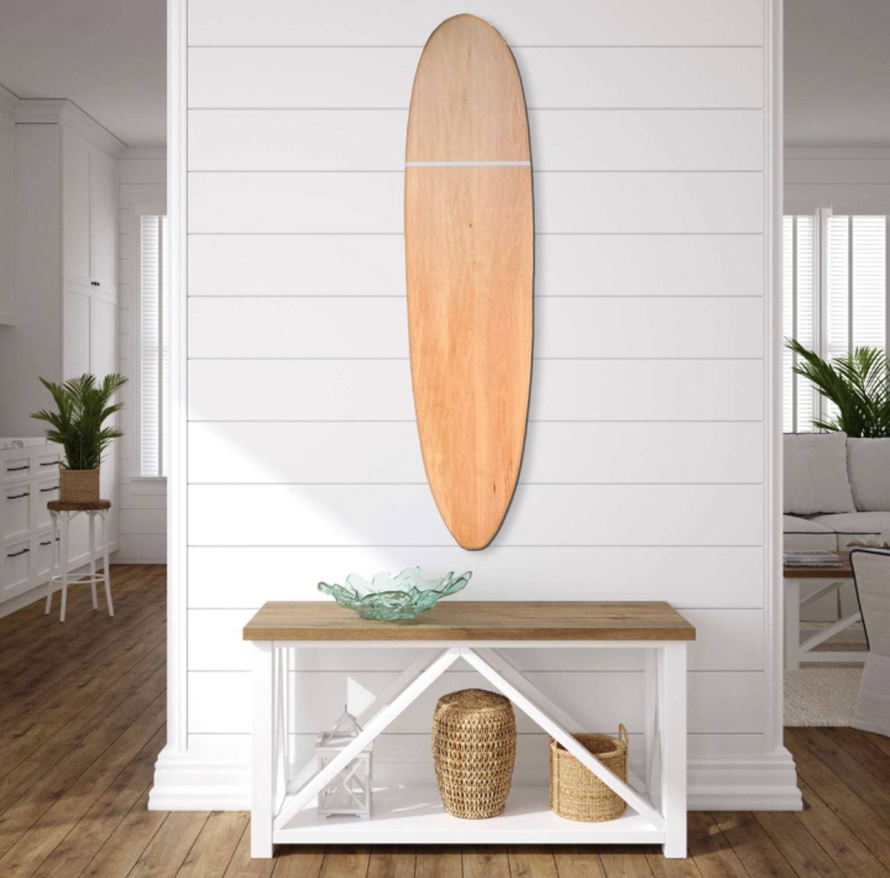 Surfboard Wall Art Light Oak Horizontal White Stripe Sign