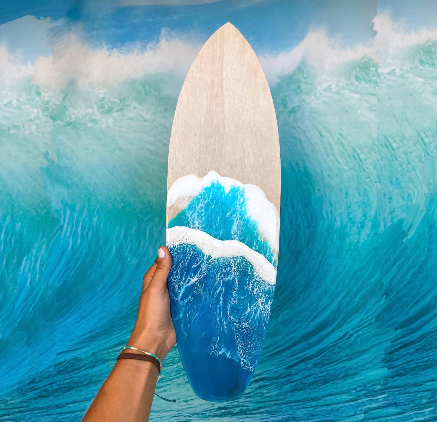 Surfboard Wall Art Resin Wave Design White Seafoam Cells