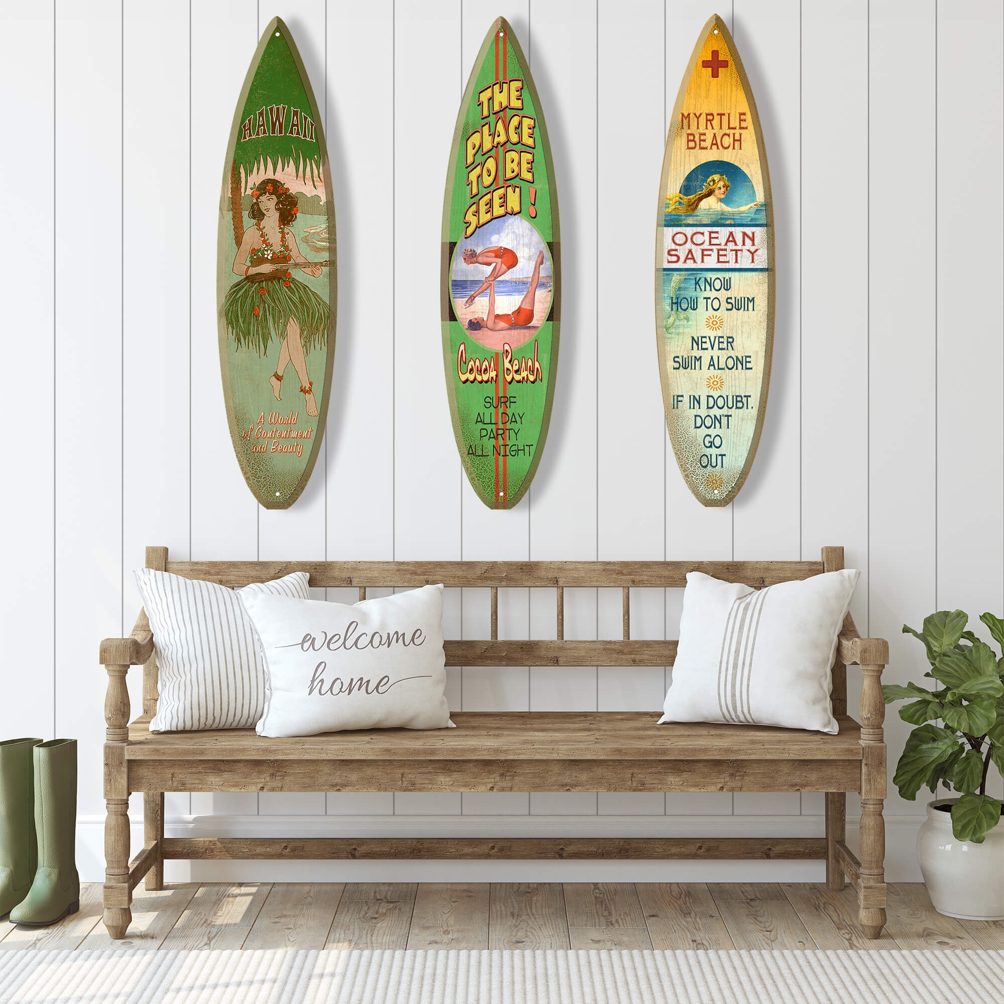 Surfboard Wall Art Retro Graphics Hula Girl Wood Sign