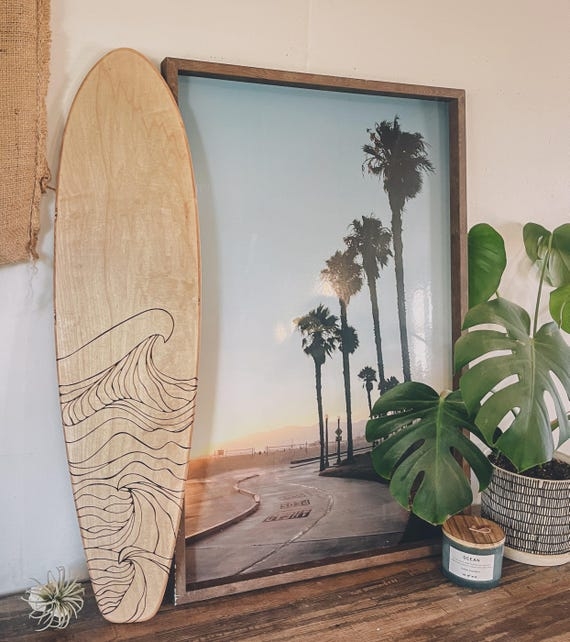 Surfboard Wall Decor Line Art Waves Natural Wood Grain