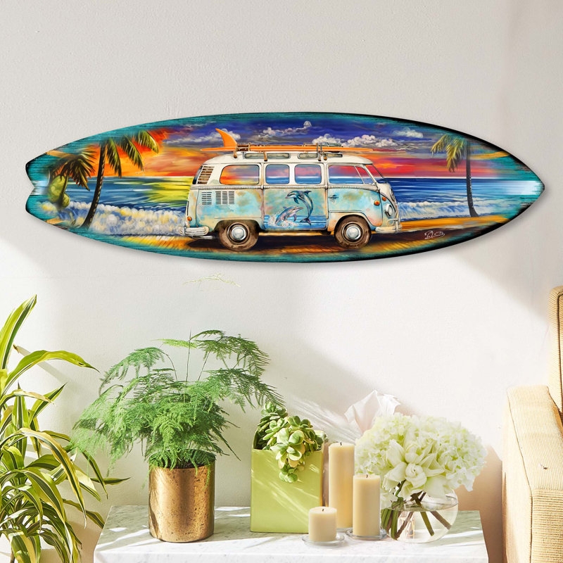 Surfboard Wall Decor Vintage Bus Graphic Seascape Art