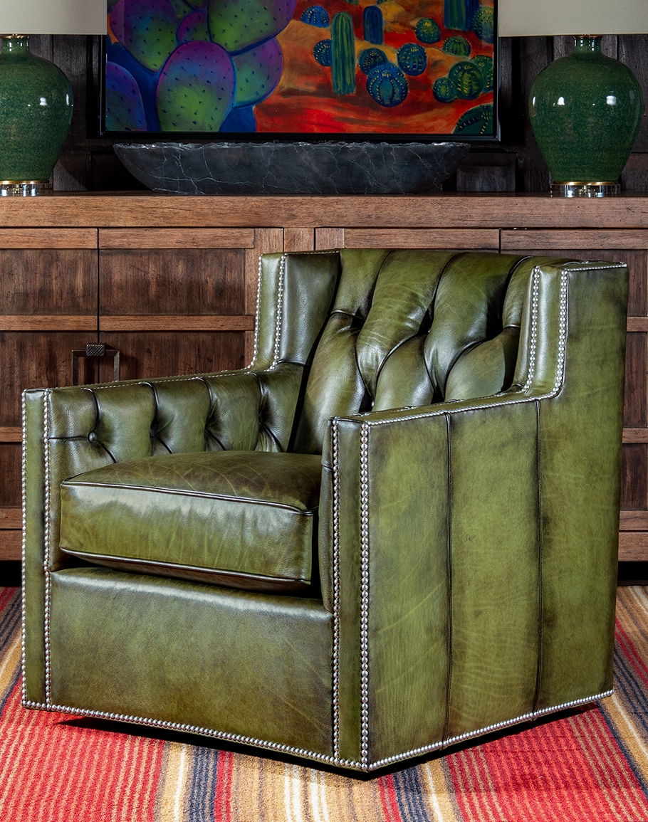 Swivel Accent Chair Cactus Leather Tufted Silver Trim Seating