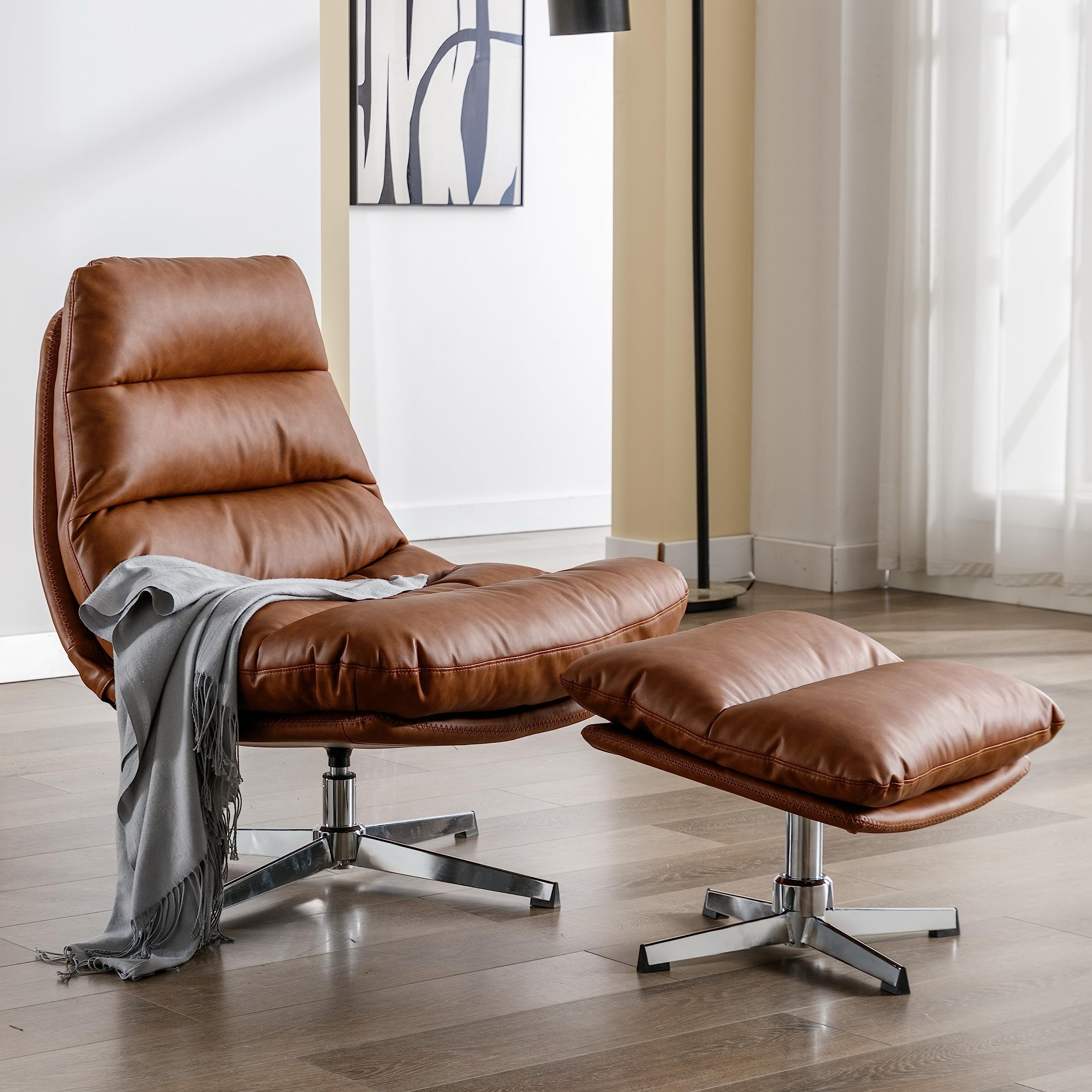Swivel Accent Chair Cognac Leather Look Channel Tufted Silver Base