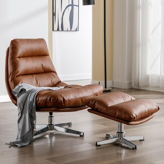 Swivel Accent Chair Cognac Leather Look Channel Tufted Silver Base