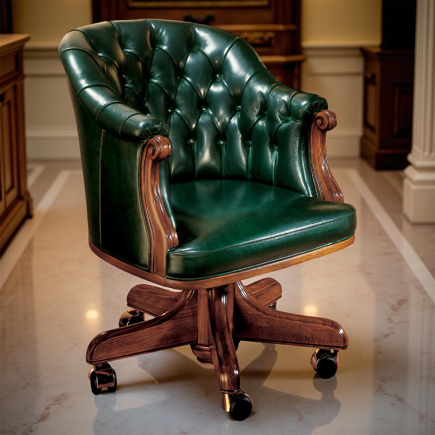 Swivel Armchair Twin Wheel Casters Mahogany Wood Seating