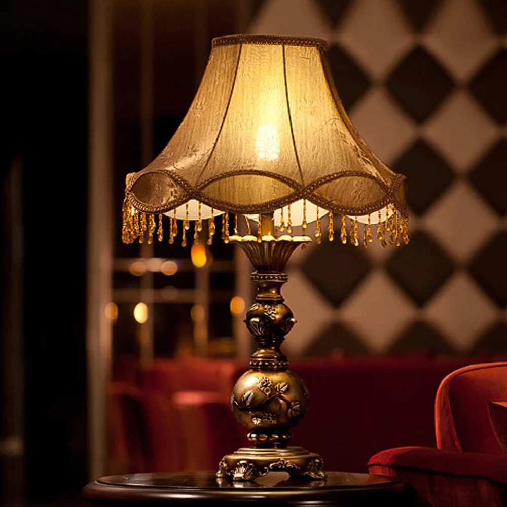 Table Lamp Antique Bronze with Amber Beads and Floral Relief