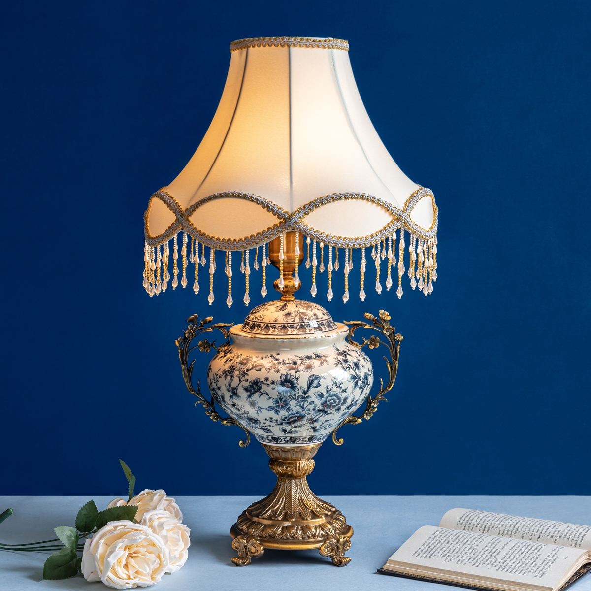Table Lamp Blue Chinoiserie Ceramic with Floral Handles