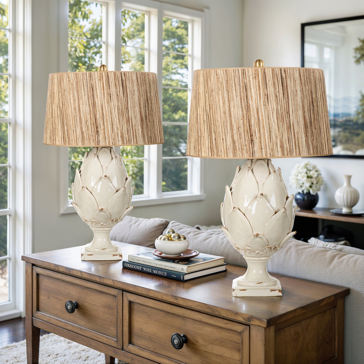 Table Lamp: Botanical Sculpture with Raffia Drum Shade