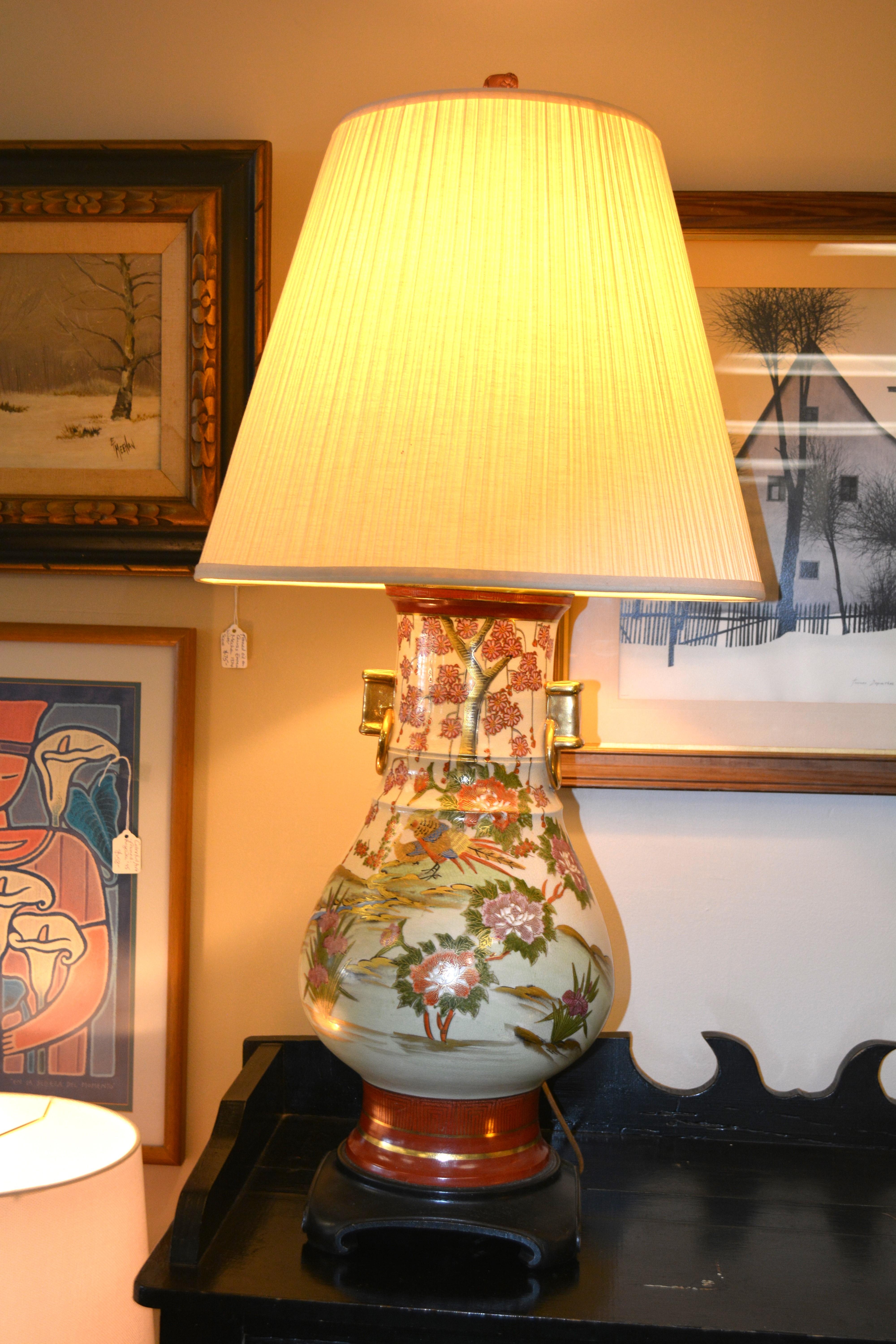 Table Lamp brass ring handles bird motif brass handle porcelain lamp