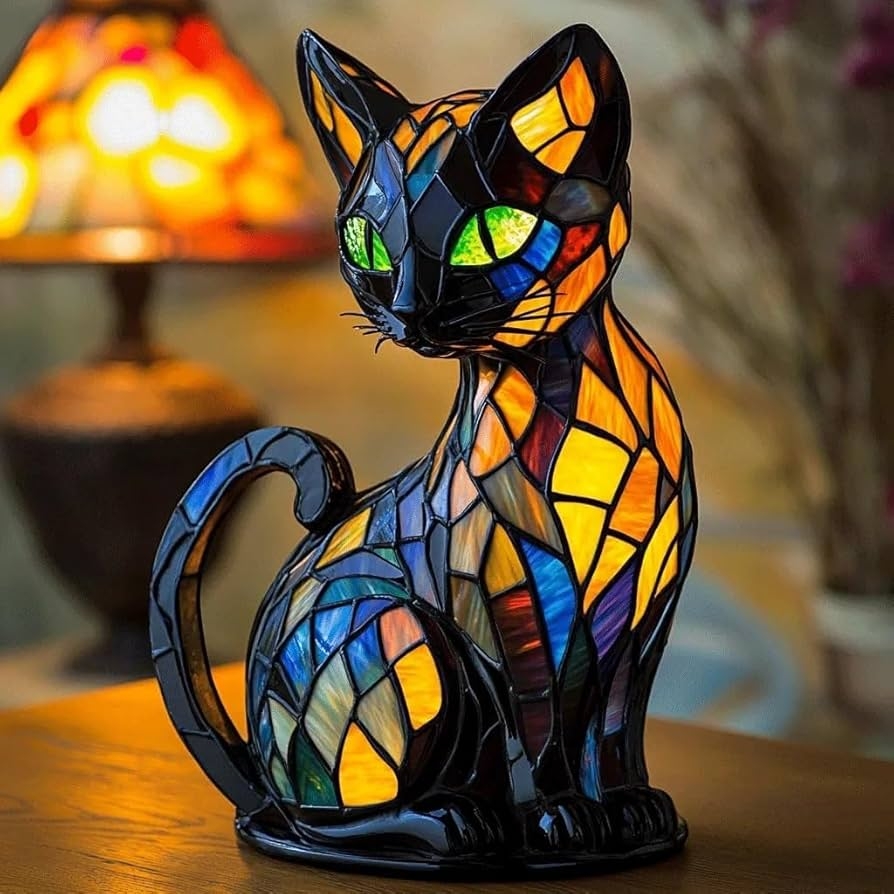 Table Lamp Cat Silhouette Mosaic Pattern Stained Glass Light