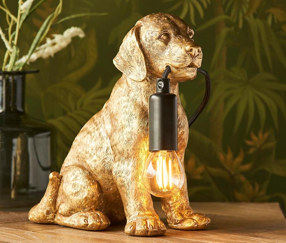 Table Lamp Dog Sculpture Base Antique Gold Finish Light
