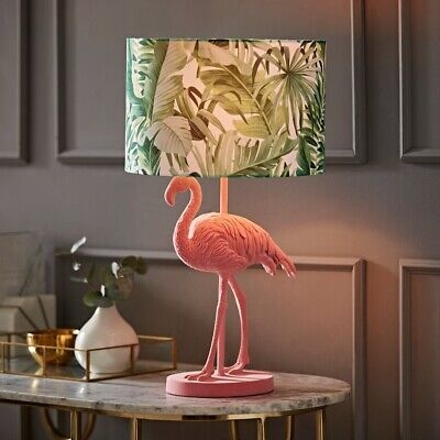 Table Lamp Flamingo Sculpture Base Tropical Palm Leaf Shade