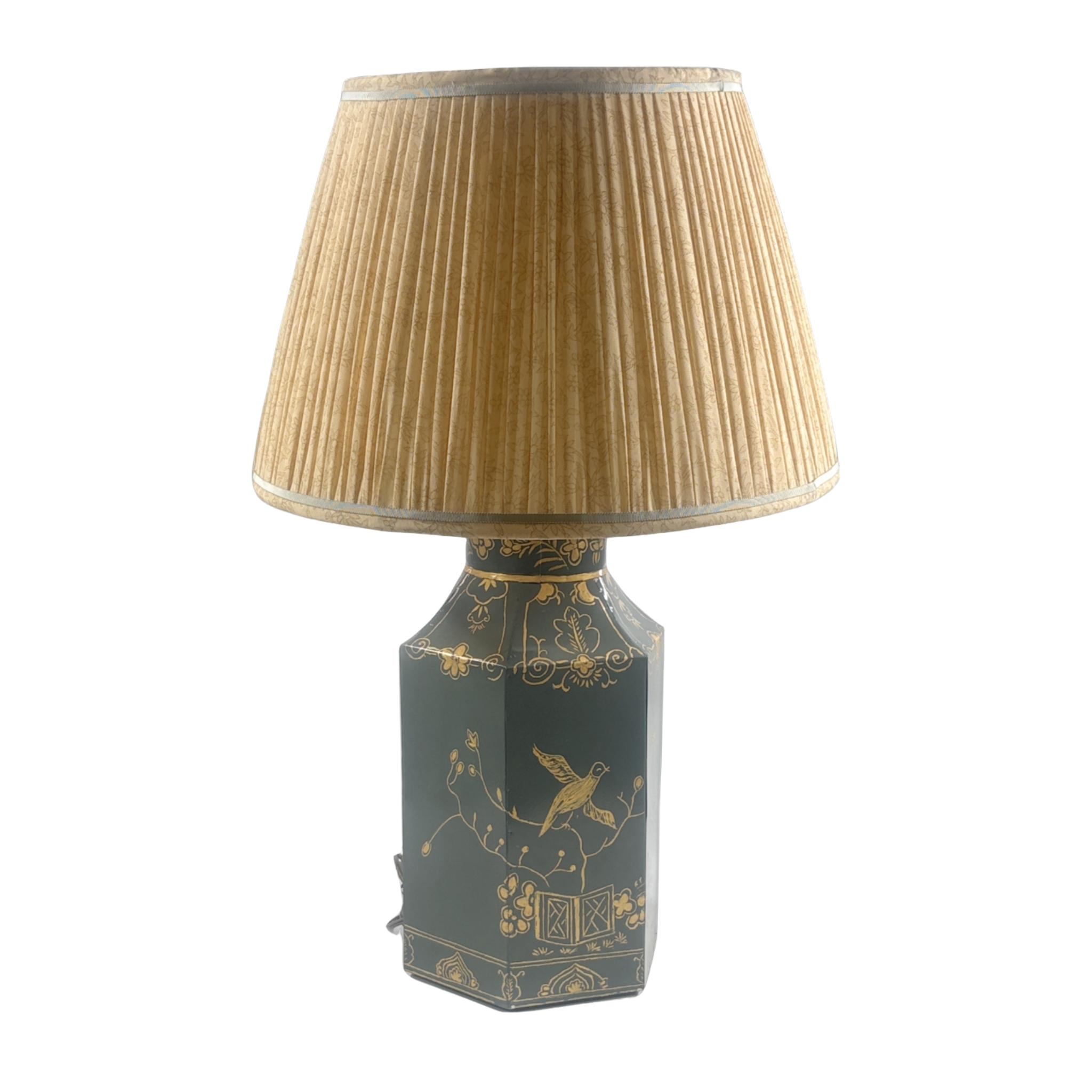 Table Lamp gold bird illustration sage green chinoiserie lamp