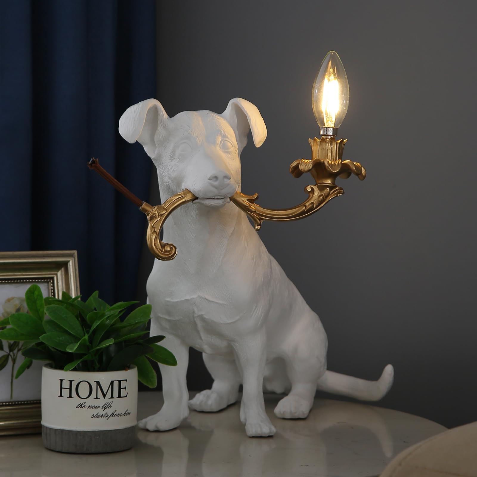 Table Lamp: Matte White Ornate Lamp Arm Seated Canine Light