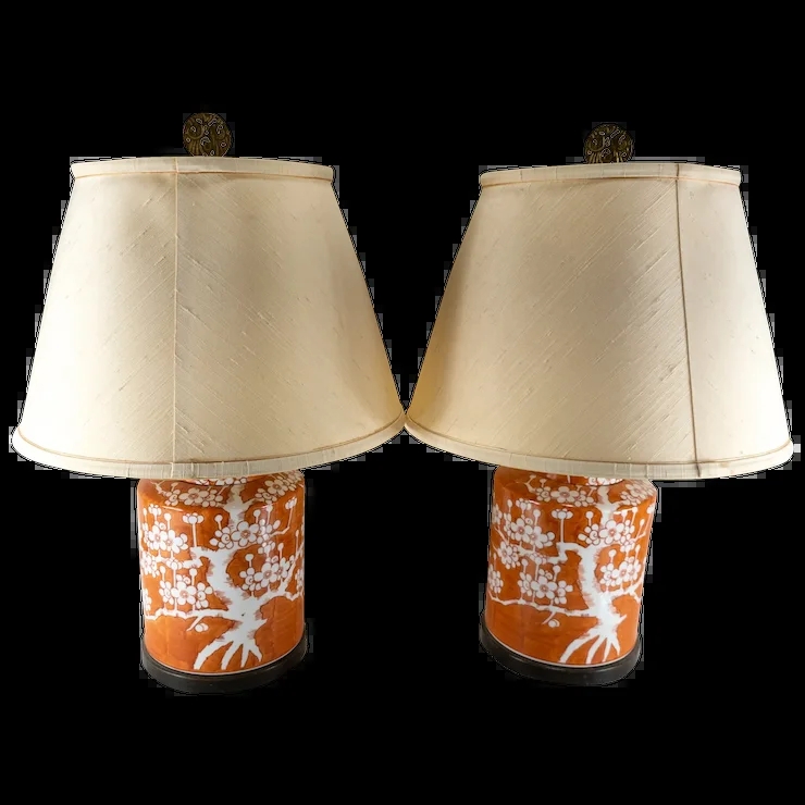 Table Lamp orange prunus pattern orange chinoiserie table lamps