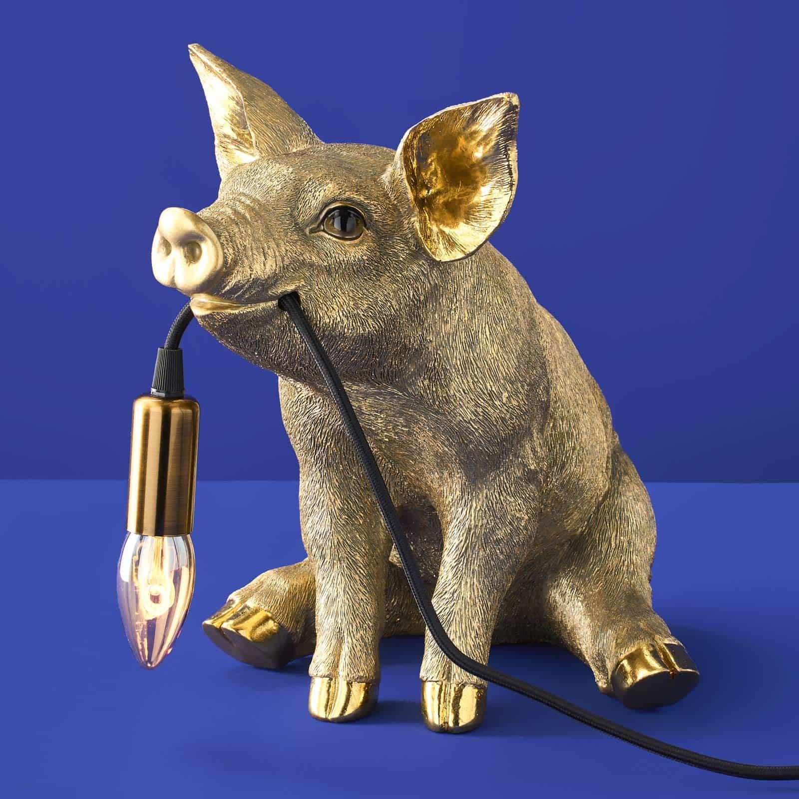 Table Lamp Pig Sculpture Textured Gold Finish Eclectic Light