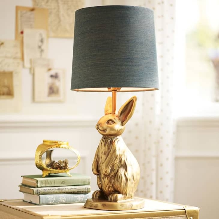 Table Lamp Rabbit Base Metallic Gold Slate Blue Shade
