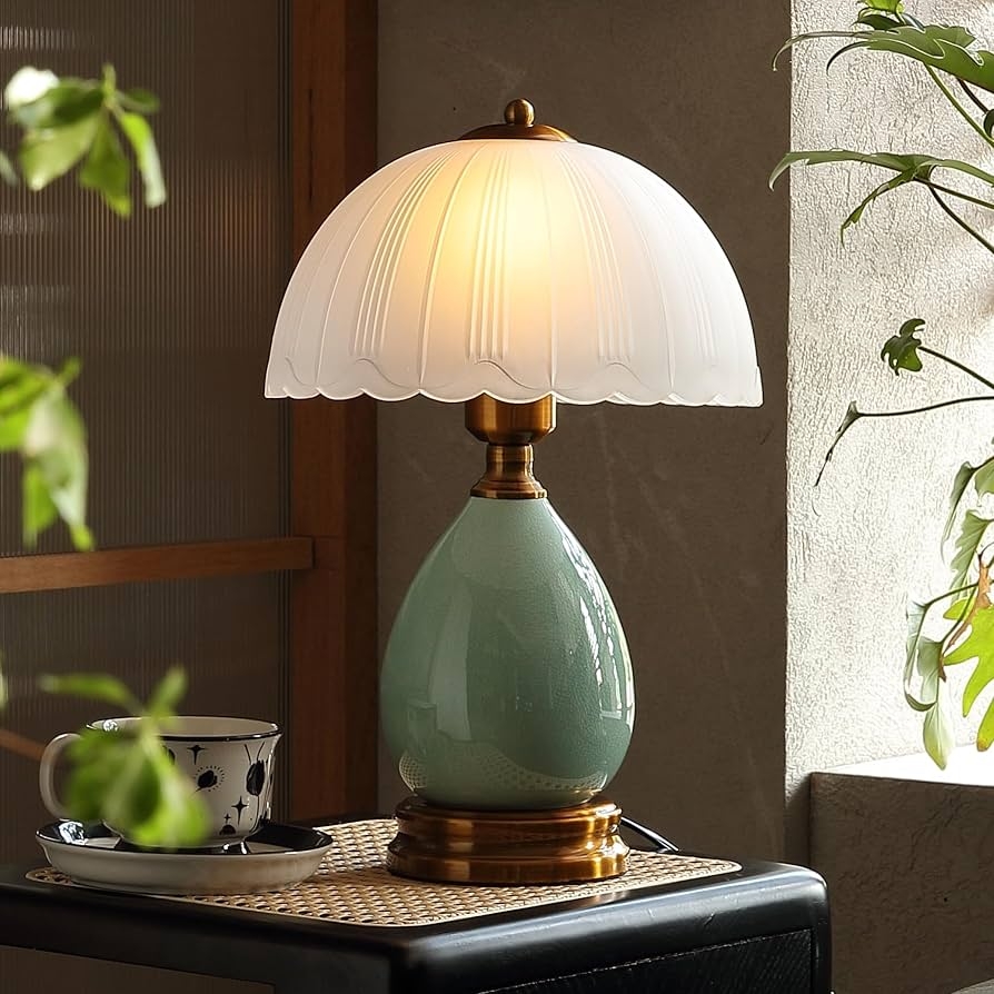 Table Lamp scalloped glass shade sage green glass mushroom lamp