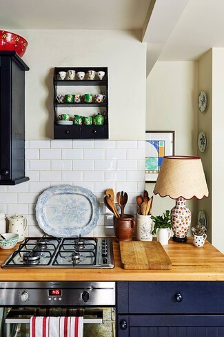 Table Lamp Scalloped Shade Butcher Block Countertop Lighting