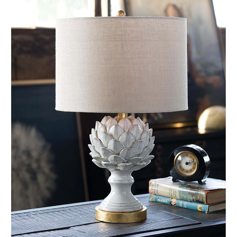 Table Lamp: Sculpted Ceramic with Off White Linen Shade