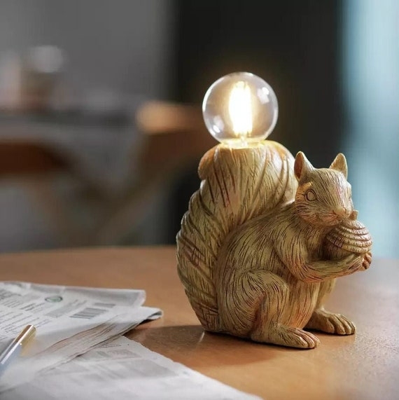 Table Lamp Squirrel Shape Holding Acorn Whimsical Decor