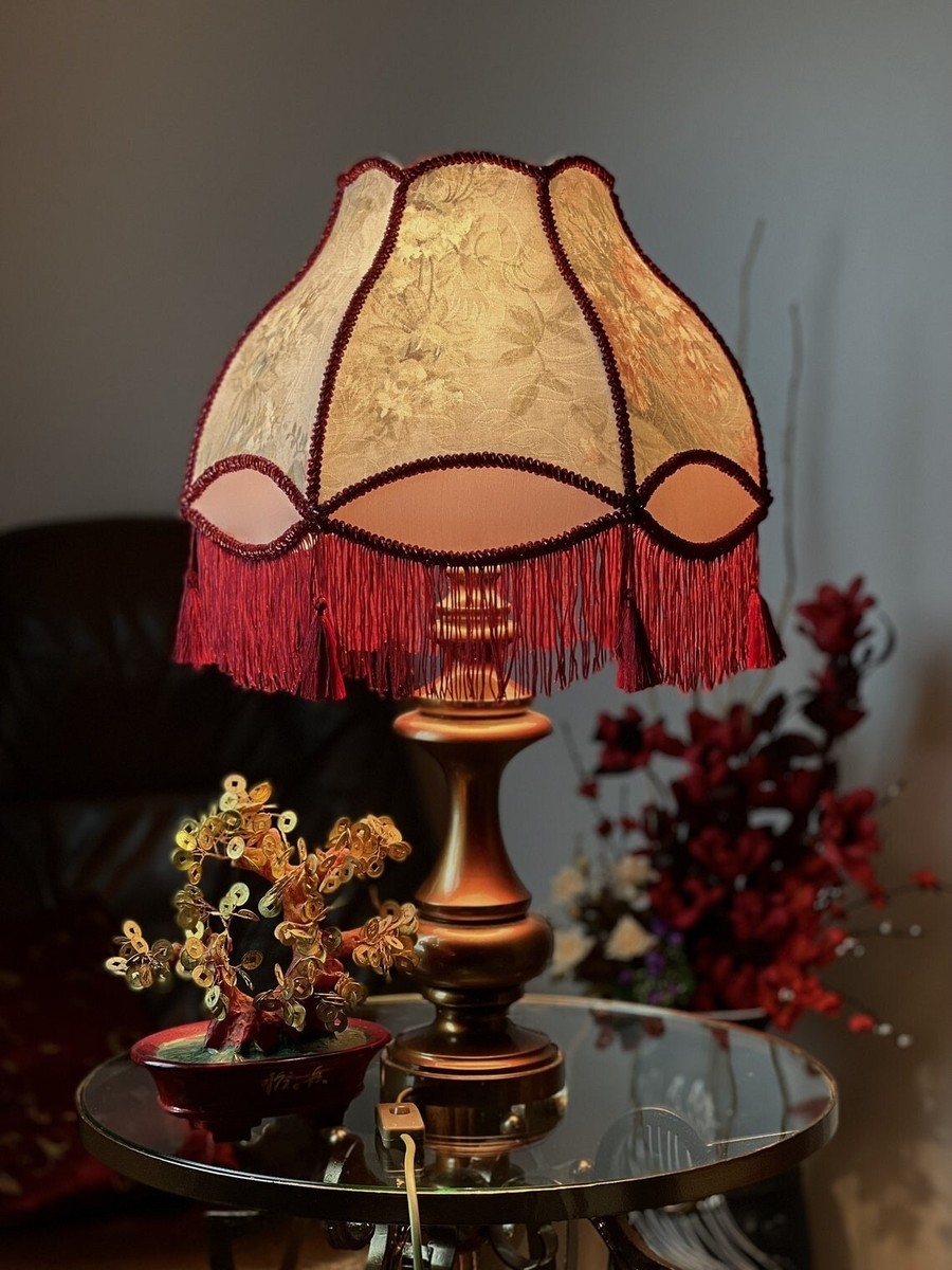 Table Lamp with Burgundy Fringe and Tapestry Floral Shade