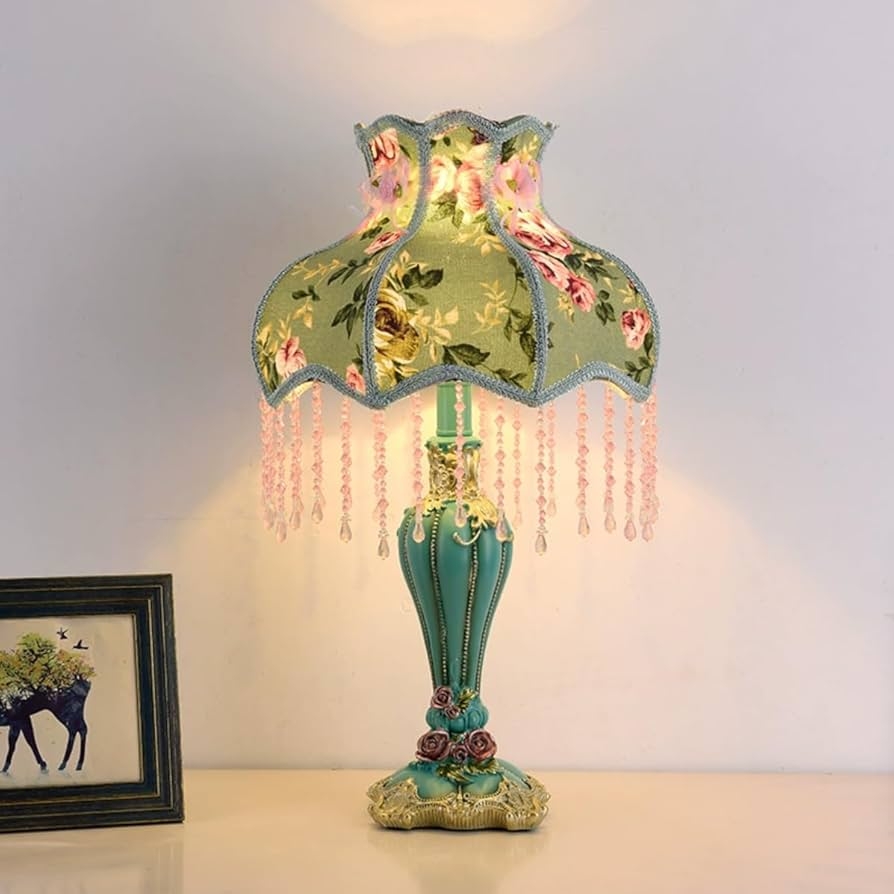 Table Lamp with Sage Green Fabric and Molded Rose Base
