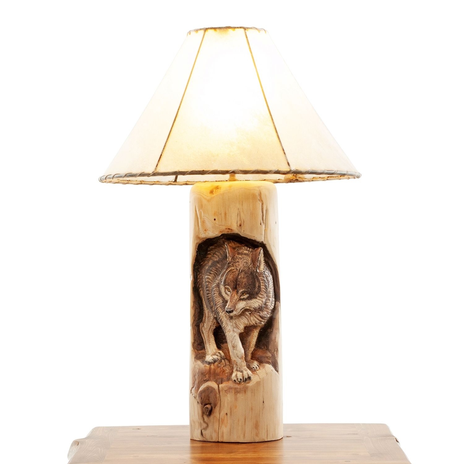 Table Lamp Wolf Relief Log Base Rustic Lodge Style Light