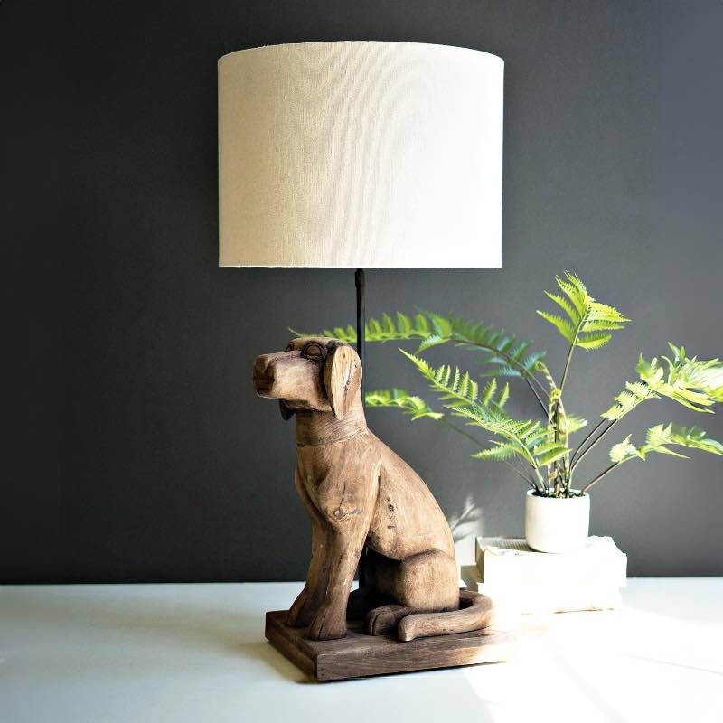 Table Lamp: Wood Toned Dog Base Rustic Artisan Wood Grain Lamp