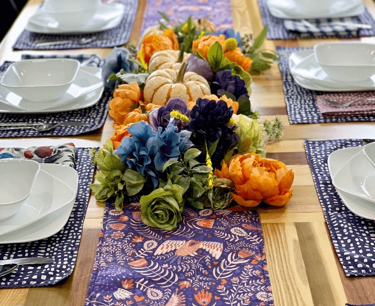 Table Linen Set: Botanical Bird Print Handmade Navy Placemats