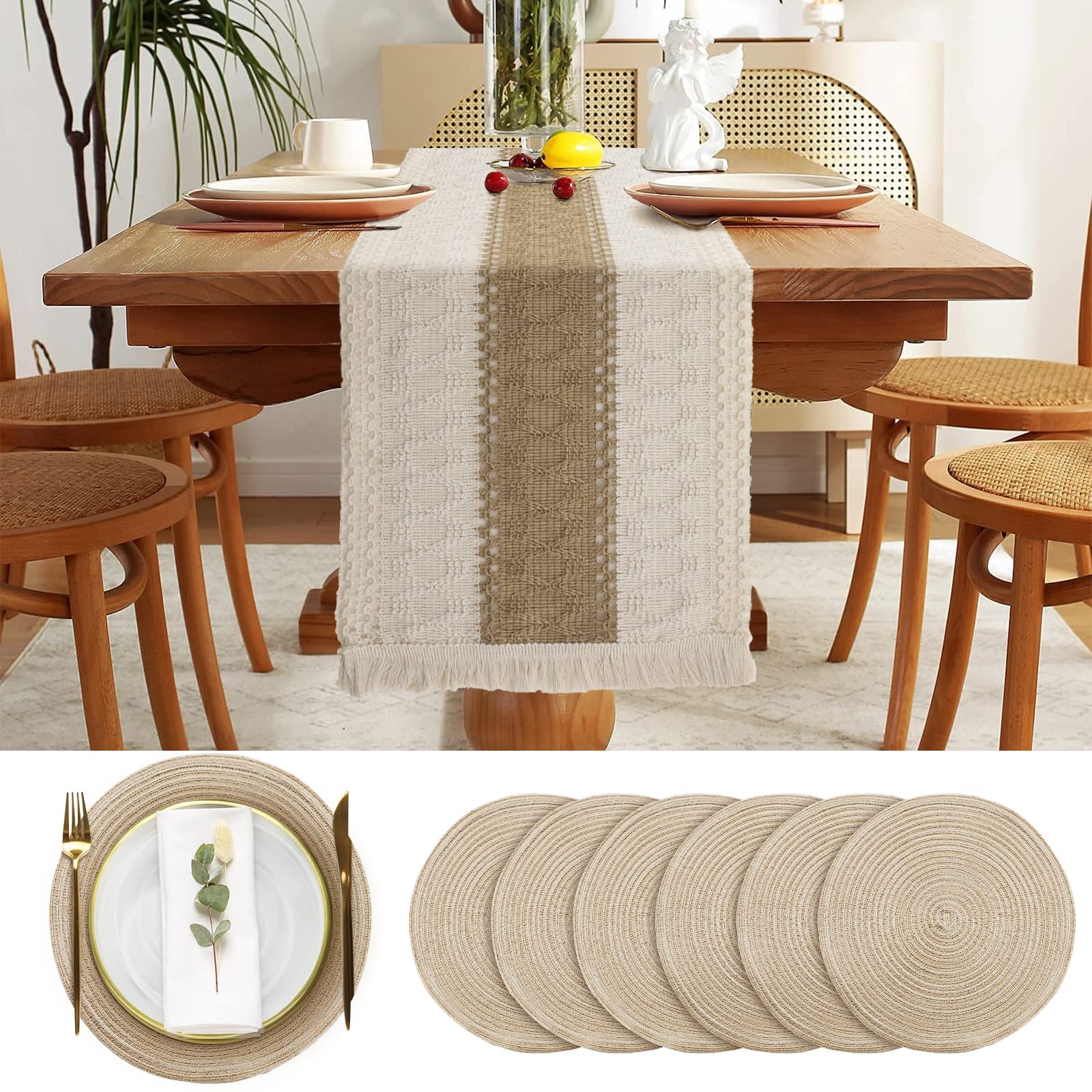 Table Runner Set: Fringed Ends Coiled Boho Table Runner Set
