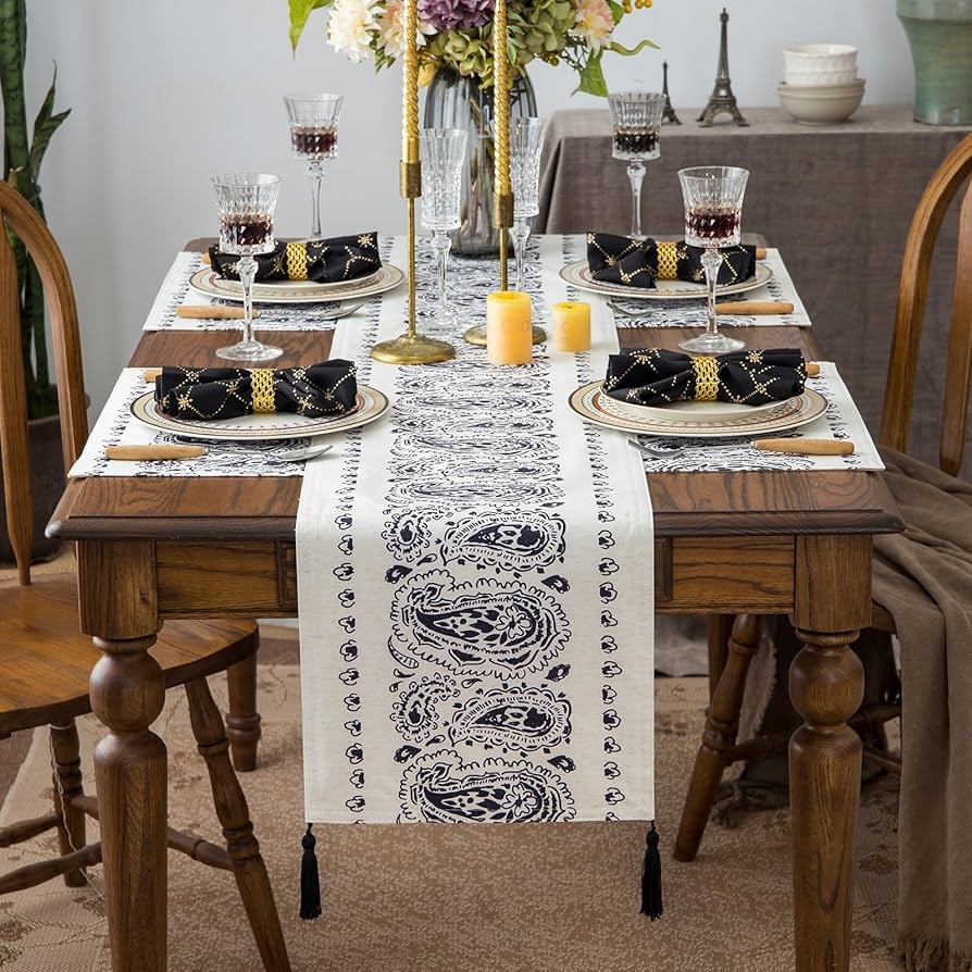 Table Runner with Black Tassels and Matte Black Paisley Print