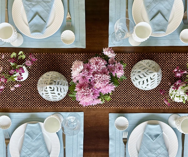Table Setting: Beaded Runner and Light Blue Table Setting