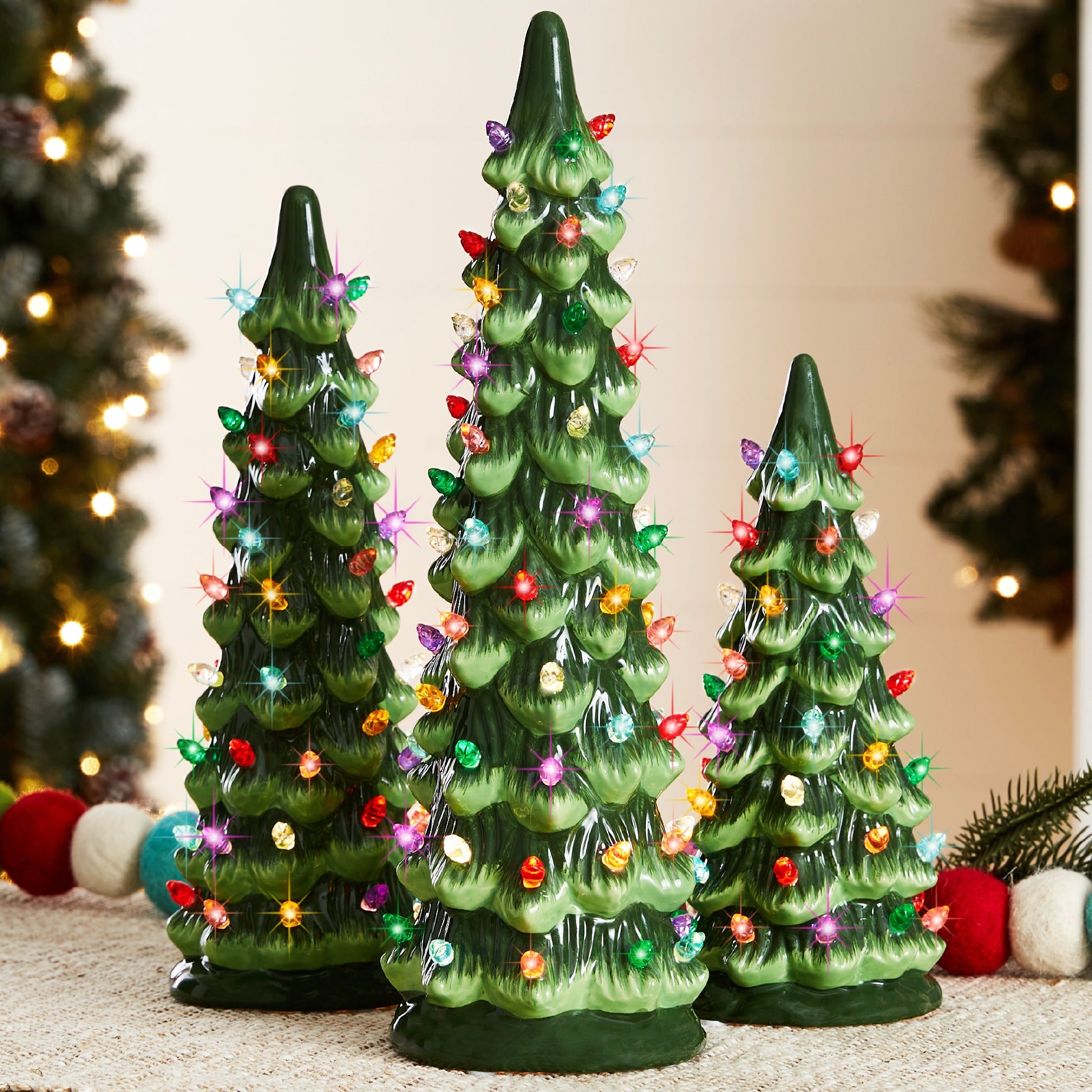 Tabletop Christmas Tree Multi Colored Bulbs Vintage Ceramic